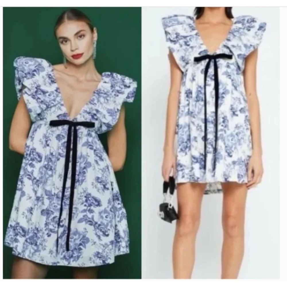 One Pretty Time O.P.T. Didi Blue White Floral Babydoll Dress - size Medium NWT